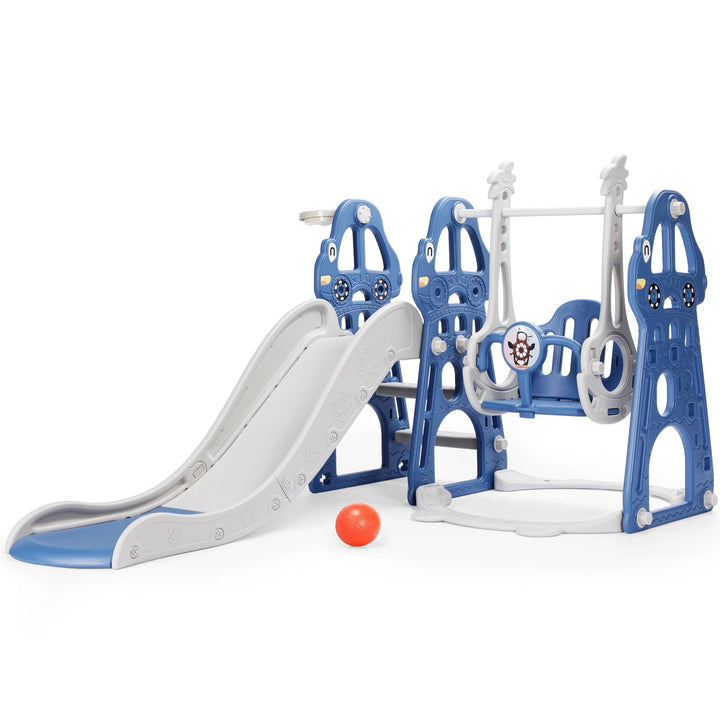 4 in 1 Toddler Swing and Slide Set for Age 1-3 Indoor Playground for Children Baby Swing Set with Slide, Climber, Basketball Hoop and Long Slide for Boys and Girls-Blue