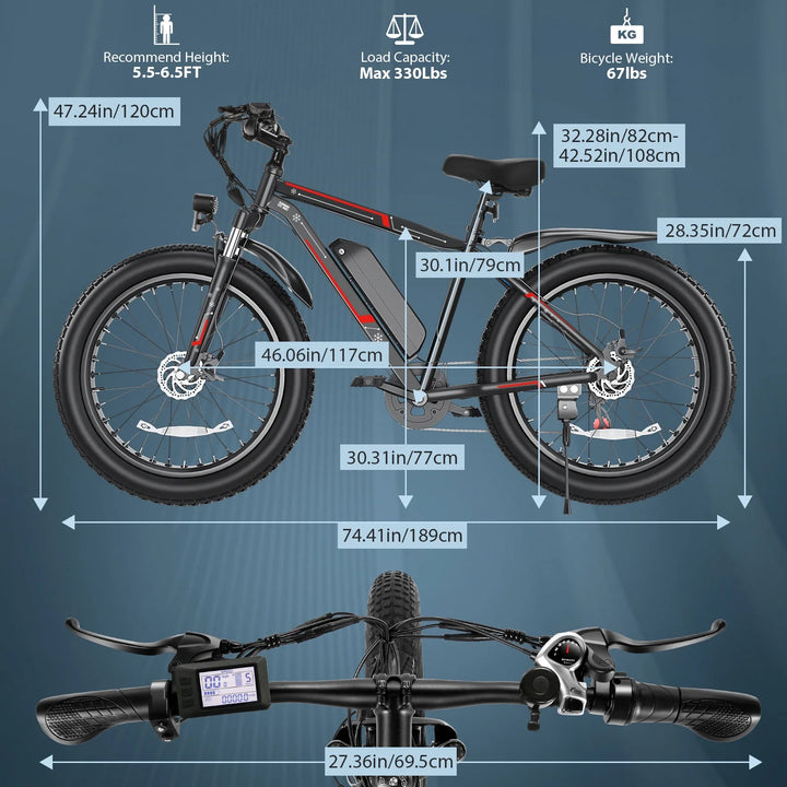 26"X4.0 Fat Tire Electric Bike, 624Wh Battery, 48V 500W Ebike Electric Mountain Bicycle, Cruise Control Mode, Adult E Bikes for Men, LCD Meter, 7-Speed Snow Bike Beach E-Bike for Adults UL2849