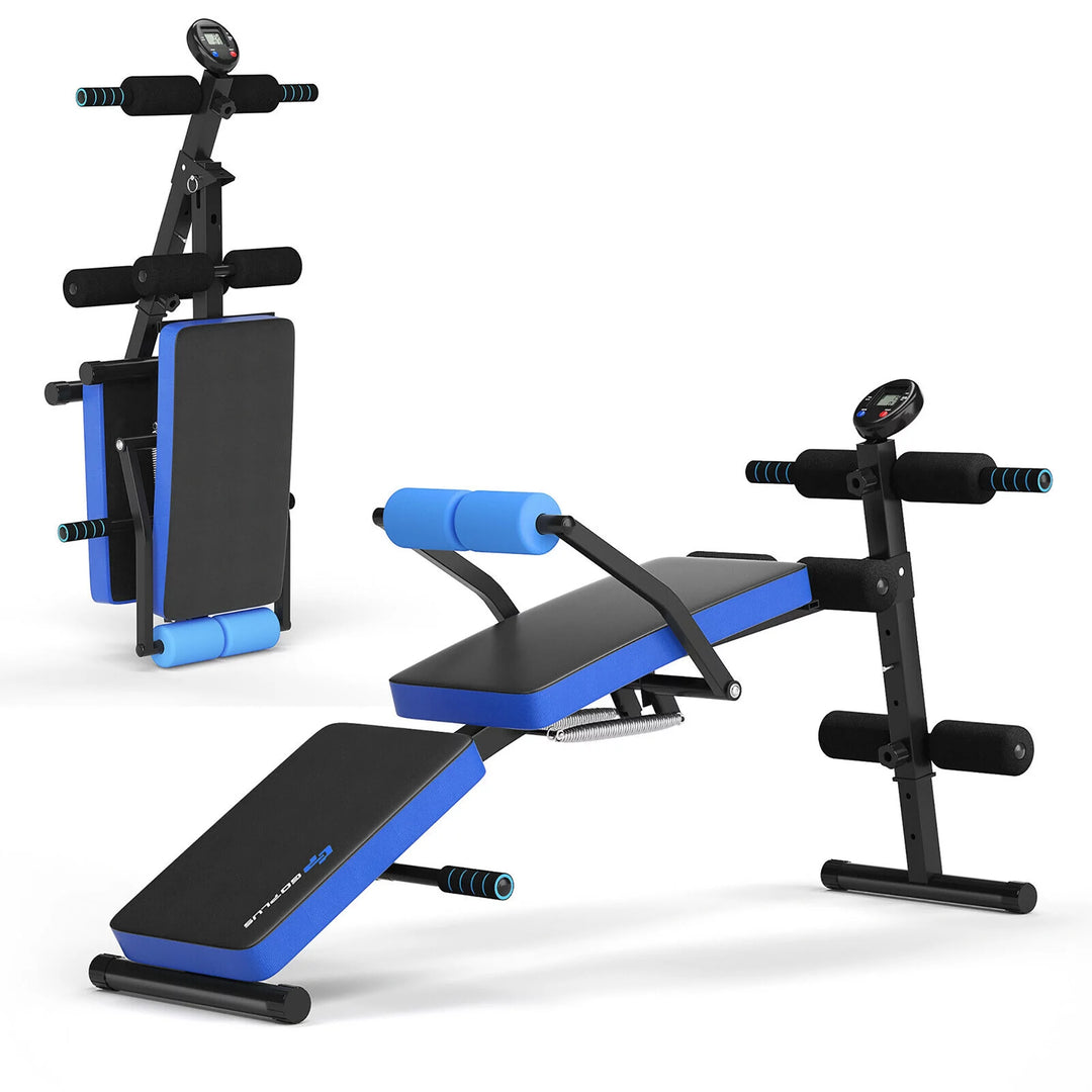 Goplus Multi-Functional Foldable Weight Bench Adjustable Sit-Up Board W/ Monitor Blue