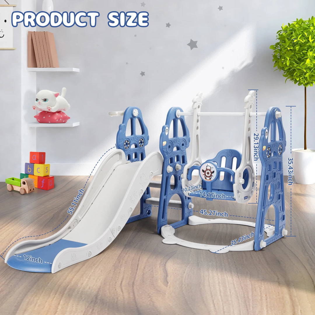 4 in 1 Toddler Swing and Slide Set for Age 1-3 Indoor Playground for Children Baby Swing Set with Slide, Climber, Basketball Hoop and Long Slide for Boys and Girls-Blue