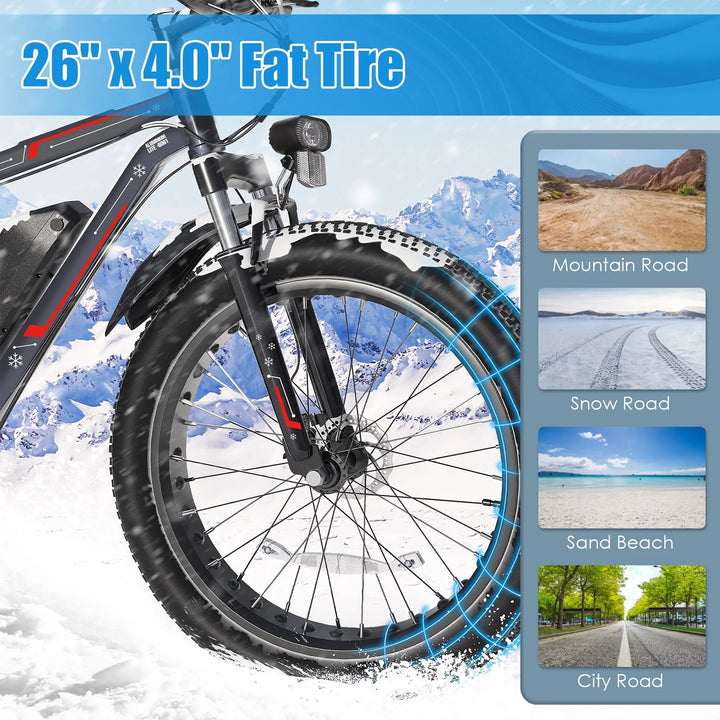 26"X4.0 Fat Tire Electric Bike, 624Wh Battery, 48V 500W Ebike Electric Mountain Bicycle, Cruise Control Mode, Adult E Bikes for Men, LCD Meter, 7-Speed Snow Bike Beach E-Bike for Adults UL2849